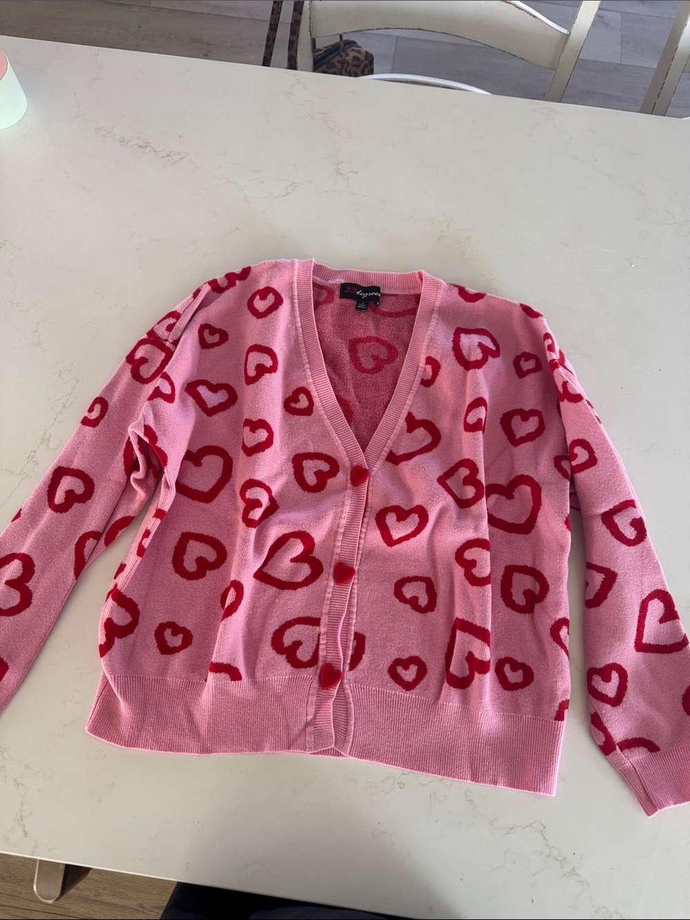 Pink Heart Print V-Neck Cardigan